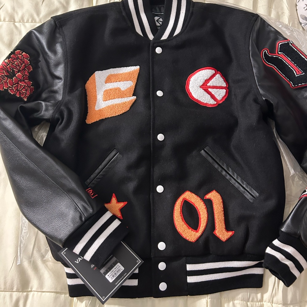 ethika Black Varsity Jacket with Orange & Red Patches